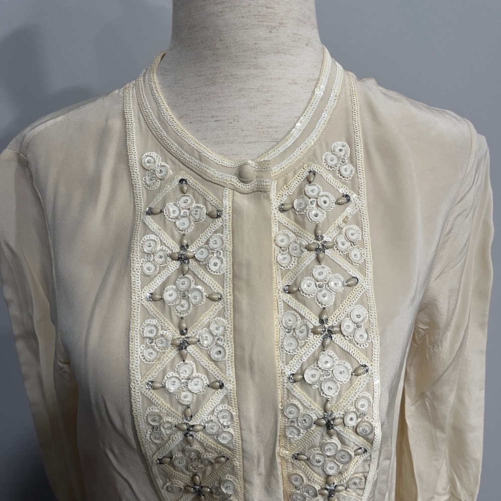 Tory Burch Silk Elegant Cream Embroidered Women's Peasant Top Size 4 - Picture 4 of 6